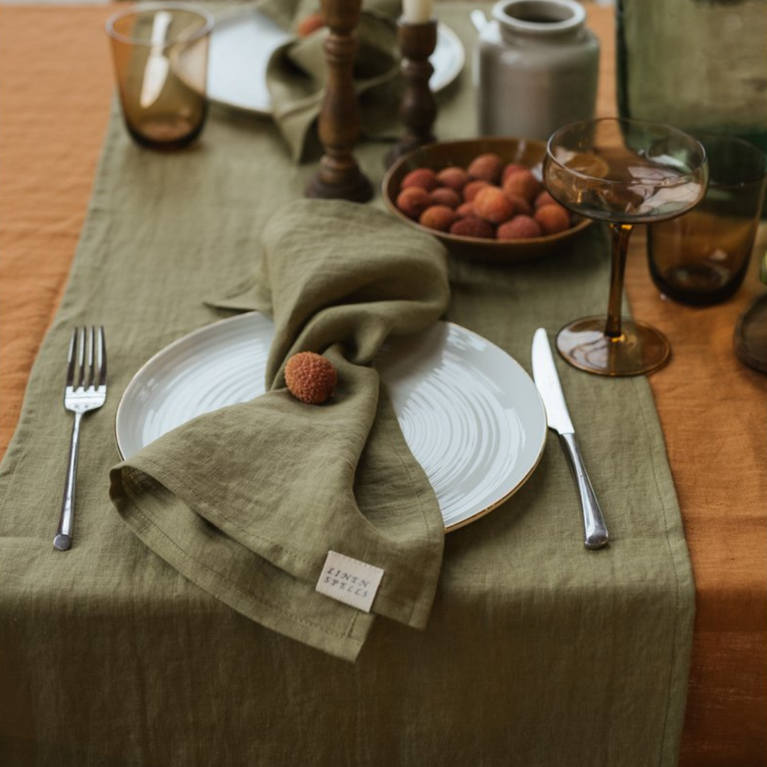 Green linen table runner