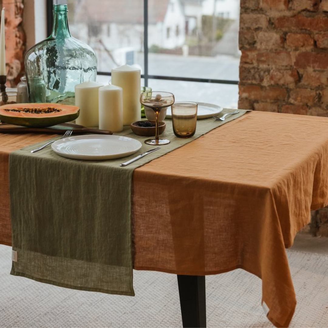 Green linen table runner